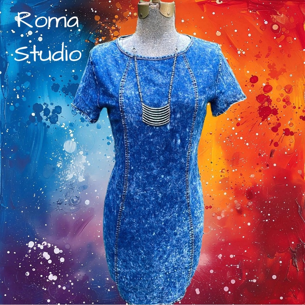ROMA STUDIO PREMIUM COLLECTION DISTRESSED DENIM MIDI DRESS -L - 🦋💙👗